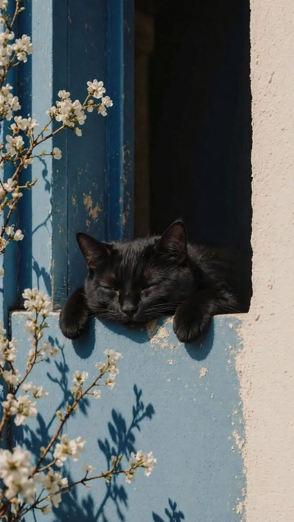 A black cat asleep on a sunlit blue windowsill, blossoms in the foreground