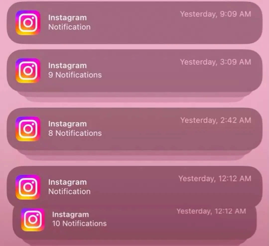 An iPhone Notification Center stacked with near-identical Instagram alerts from the day before — one row reads "9 Notifications", the next "10 Notifications", none of them opened