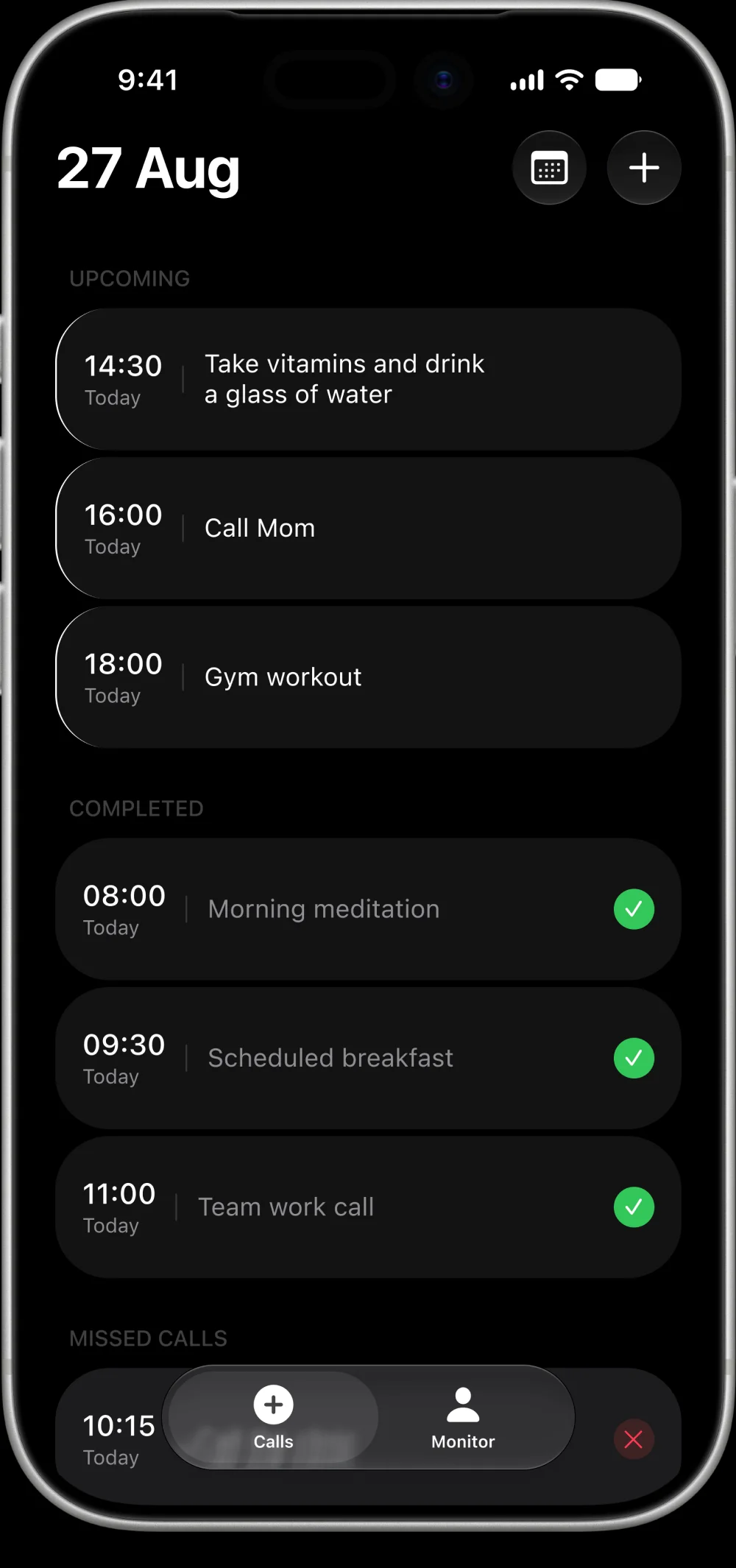 FocusCall's home screen on an iPhone: today's upcoming calls listed by time, three completed ones checked off in green, and a missed call at the bottom