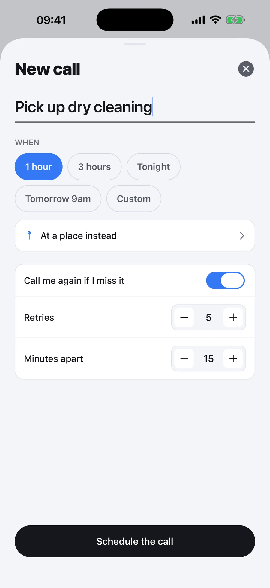 FocusCall's new reminder screen with Nag Mode expanded: 5 retries, 15 minutes apart, until answered